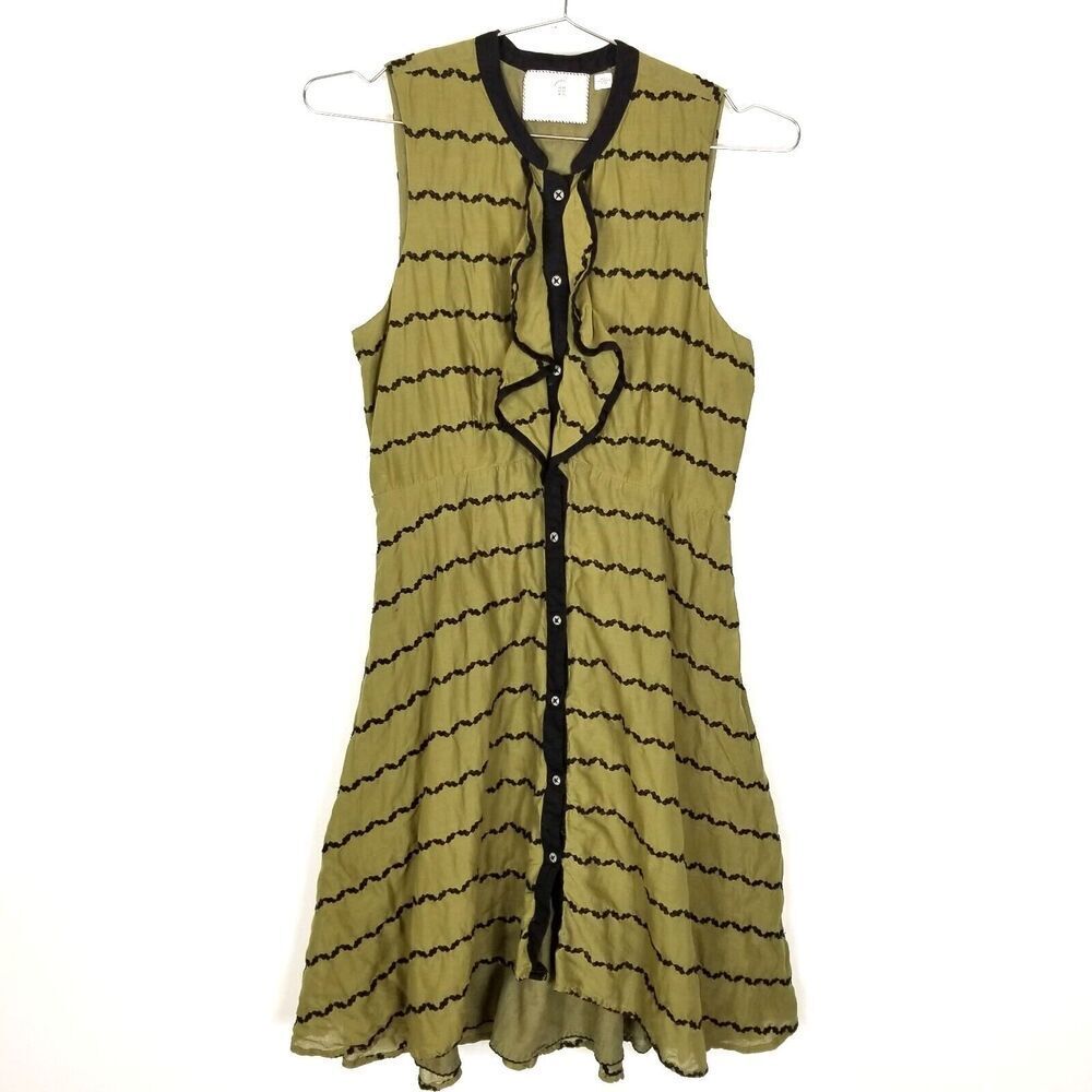 Anthropologie Postmark Sleeveless Shirt Dress Sz 8 Ruffle Front Olive‎ Black